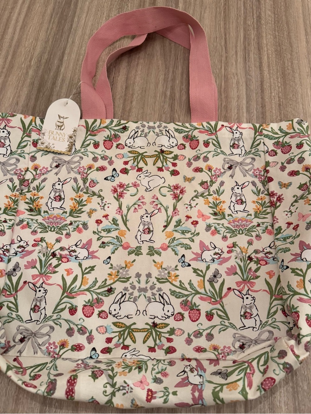 Bunny Tales Pink floral  and rabbit pattern Canvas Tote Bag